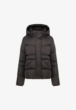 Veste rembourrée noire avec capuche, dotée d'une fermeture éclair à l'avant, de deux grandes poches latérales et d'un design matelassé. Tissu lisse et brillant.