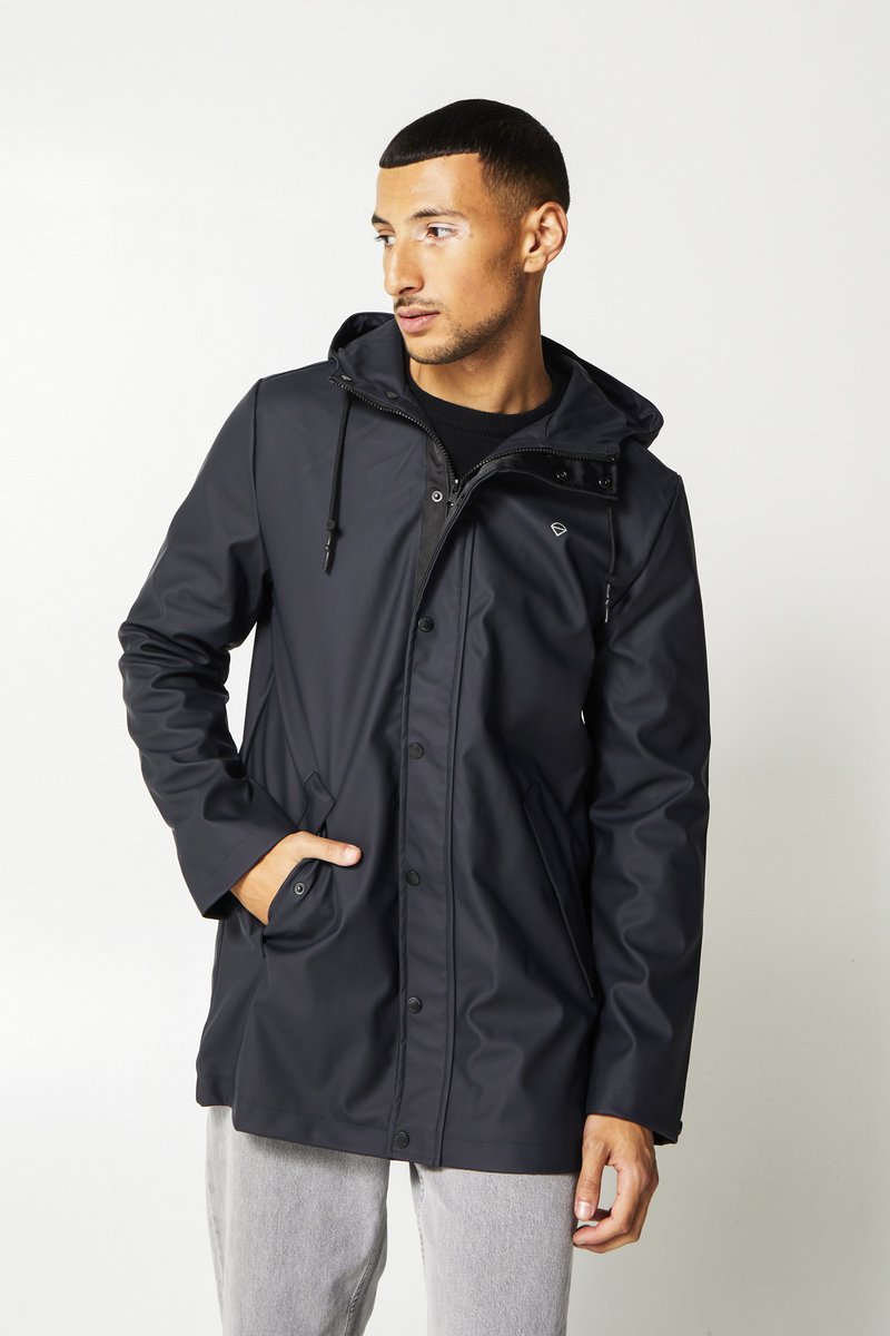 Black waterproof jacket with a hood, snap buttons, adjustable cords, and side pockets. Smooth texture with a minimal logo on the chest.