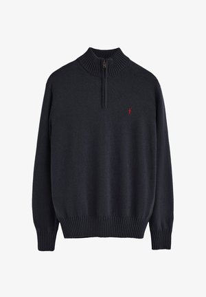 Marine zip-up trui met geribde kraag en afgeronde zoom, gemaakt van zacht materiaal; bevat een klein rood logo op de borst.