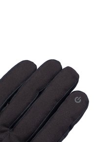 Zwarte handschoenen gemaakt van een zachte stof met een gladde textuur, met een ontwerp voor vijf vingers en een kracht-symbool accent op de pols.