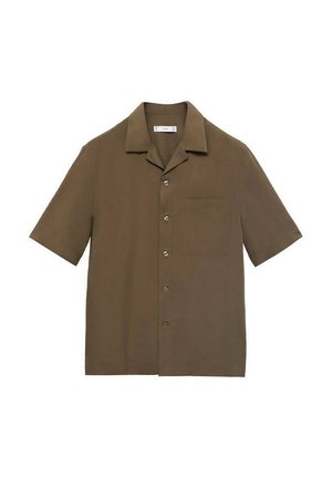Kratke rukave rjava srajca iz gladkega materiala, z gumbi spredaj, z učinkom žepom na levi strani in klasičnim ovratnikom.