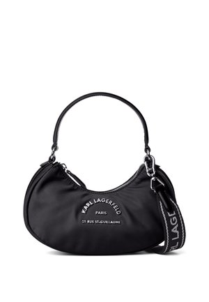 Black nylon shoulder bag with a curved shape, featuring a logo in white, silver hardware, and a detachable strap with logo detailing.