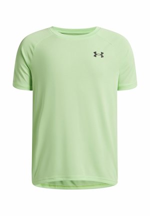 Camiseta deportiva de manga corta de color verde claro con cuello redondo y un logo negro en el lado izquierdo del pecho. Hecha de una tela suave que absorbe la humedad.