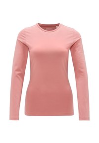 Svetle růžová košile s dlouhým rukávem vyrobená z hladké bavlny. Má kulatý výstřih a přiléhavý střih bez viditelných vzorů nebo kovových doplňků.