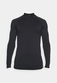 Black long-sleeve athletic shirt with half zipper and mock neck, featuring a fitted, seamless design and subtle horizontal ribbed texture.