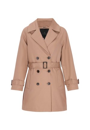 Trench beige in tessuto liscio, con chiusura doppiopetto, ampio colletto, cintura in vita e maniche risvoltate con dettagli a bottone.