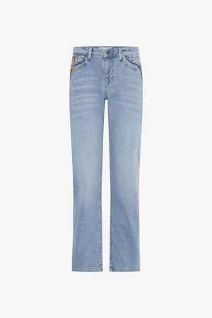Light blue straight-leg denim jeans with front zipper, button closure, belt loops, and five pockets including one with a brown zipper pull tab.