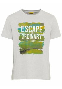 T-shirt gris clair à manches courtes avec des traits de peinture verts et jaunes et un texte blanc indiquant « ESCAPE THE ORDINARY » à l'avant.