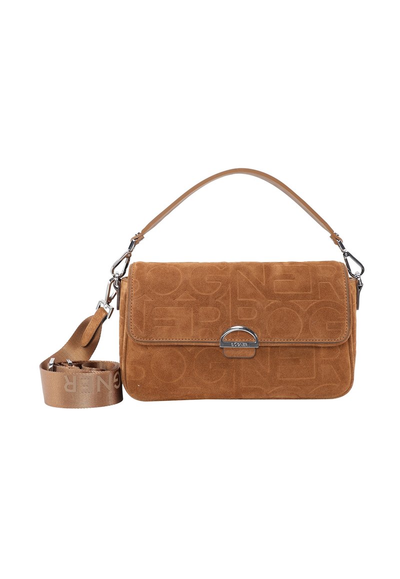 Borsa in suede marrone con motivo a logo impresso, hardware in metallo e tracolla staccabile per versatilità. Dotata di manico superiore e texture liscia.