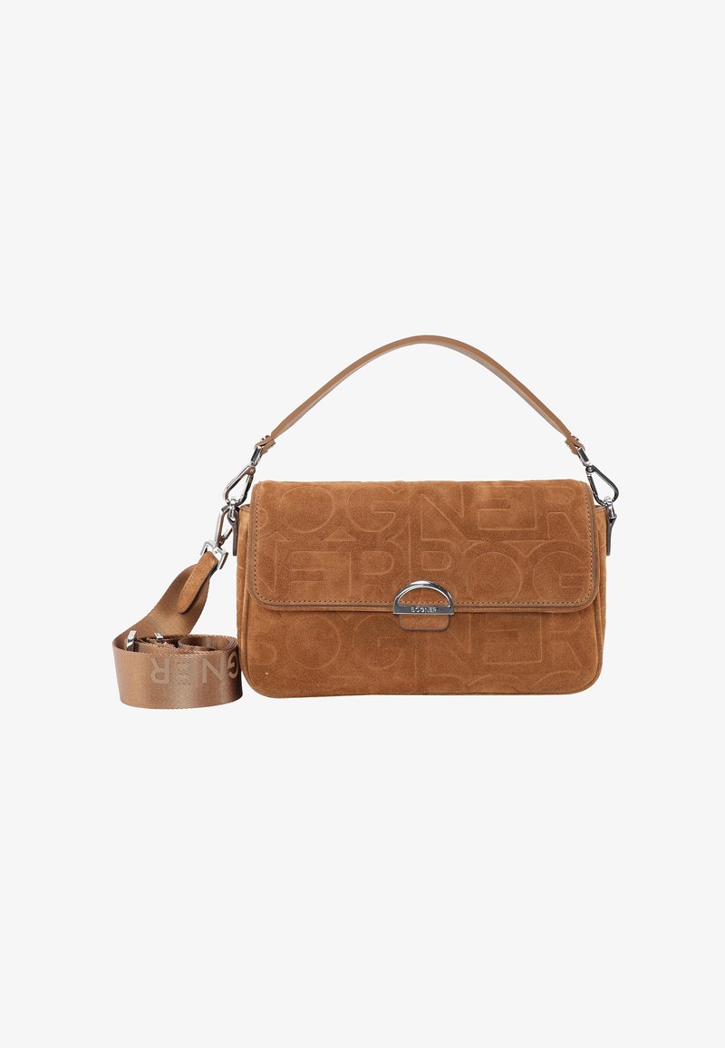 Borsa in suede marrone con motivo a logo impresso, hardware in metallo e tracolla staccabile per versatilità. Dotata di manico superiore e texture liscia.