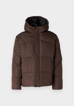 Brown padded jacket with a hood, featuring quilted texture, front snap closure, and side pockets. Lined with black fabric.
