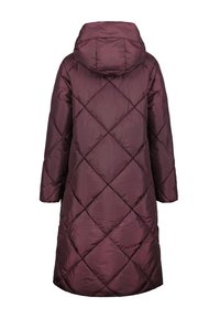 Bordeaux pufferjas met een ruitvormig quiltpatroon, een capuchon en lange mouwen, met een rechte snit en een middellange stijl.