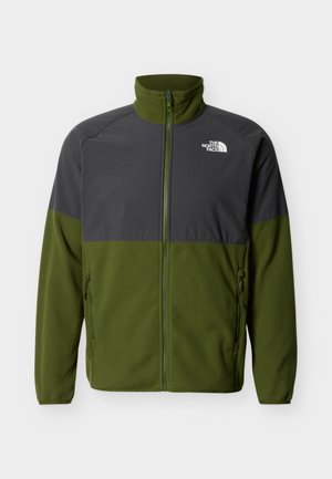 Chaqueta de forro polar para exteriores con cremallera completa en la parte delantera, sección superior en gris oscuro, sección inferior en verde oliva, bolsillos con cremallera y el logo de The North Face en el pecho.