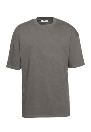 Graues Kurzarm-T-Shirt aus strukturiertem Baumwollstoff, mit rundem Halsausschnitt und seitlichen Schlitzen für eine entspannte Passform.
