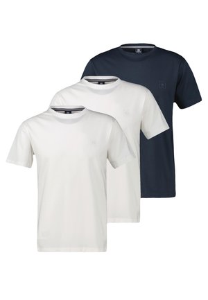 Kolme lyhythihainen pyöreäkauluspaita valkoisina ja laivastonsinisinä, aseteltuna limittäin riveihin, joissa on vaalea logo rinnassa.