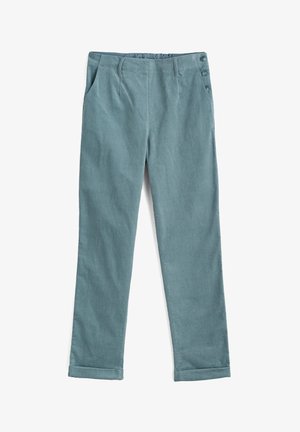 Blå-grønne slim fit bukser med sidelommer, knapdetaljer i linningen og op-rullede manchetter, vist på en hvid baggrund.