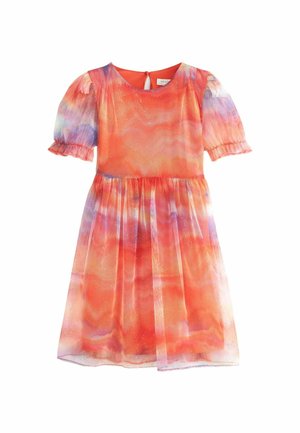 Robe à manches courtes pour filles avec motif tie-dye orange, violet et rose, superposition en tulle pailleté, taille froncée et ouverture au dos avec bouton clé.