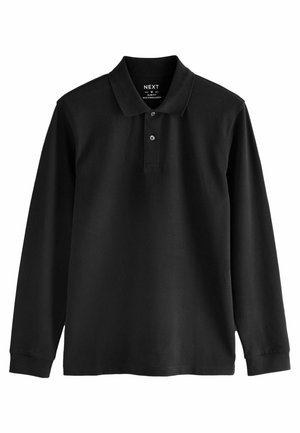 Schwarzes Langarm-Polohemd aus Baumwollmischung, mit umgeschlagenem Kragen, drei-Knopf-Leiste und kleinem Logo auf der linken Seite.