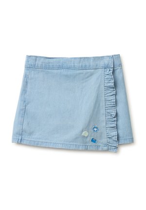 Hellblauer Denim-Minirock mit einem gerafften vertikalen Besatz auf der rechten Seite und drei kleinen bestickten Applikationen mit Meeresthema nahe dem Saum.