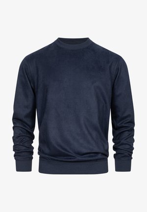 Mørkeblå hettegenser i myk, strukturert stoff med rund halsutskjæring og ribbede mansjetter og hem. Enkel design uten synlige mønstre eller detaljer.