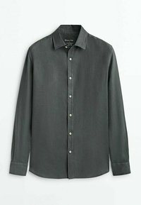 Dark gray long-sleeve shirt with a button-down collar, made from a smooth fabric, featuring a front button closure and cuffed sleeves.