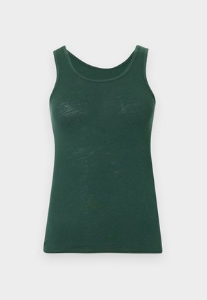 Tmavozelený bezrukávový top s okrúhlym výstrihom, vyrobený z ľahkého materiálu, vystavený na jednoduchej bielej pozadí.