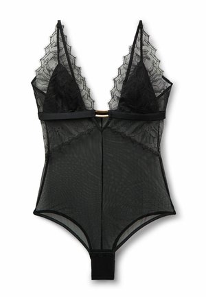 Schwarzer Spitzen-Body mit Netz-Einsätzen, tiefem V-Ausschnitt und dekorativem Besatz. Verfügt über eine goldfarbene Akzentuierung und einen Druckknopfverschluss am unteren Teil.