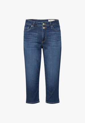 Donkerblauwe cropped jeans met dubbele knoopsluiting, voorzakken en subtiel vervagen op de dijen, gelabeld s.Oliver.