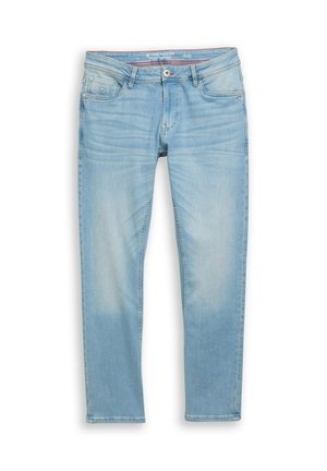 Svetlomodré džínsy s postupným zužovaním, predným zapínaním na gombíky, očkami na opasok a piatimi vreckami, vrátane malého mince vrecka na pravej strane.