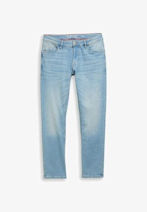 Svetlomodré džínsy s postupným zužovaním, predným zapínaním na gombíky, očkami na opasok a piatimi vreckami, vrátane malého mince vrecka na pravej strane.