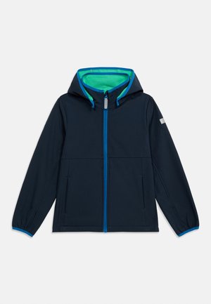 Chaqueta azul marino con capucha, forro turquesa, cremallera frontal, dos bolsillos laterales y puños elásticos en las mangas.