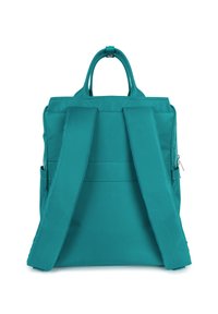 Sac à dos teal avec deux bretelles rembourrées réglables, une poignée supérieure et une poche zippée sur le côté ; fabriqué en tissu durable.