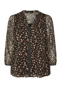 Musta läpinäkyvä pitkähiha blouse ruskealla ja vaalean beige leopardikuviolla sekä V-pääntiellä, jossa on pieniä hopeisia niittejä keskiosassa.