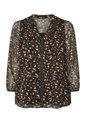Musta läpinäkyvä pitkähiha blouse ruskealla ja vaalean beige leopardikuviolla sekä V-pääntiellä, jossa on pieniä hopeisia niittejä keskiosassa.