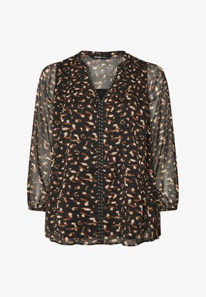 Musta läpinäkyvä pitkähiha blouse ruskealla ja vaalean beige leopardikuviolla sekä V-pääntiellä, jossa on pieniä hopeisia niittejä keskiosassa.