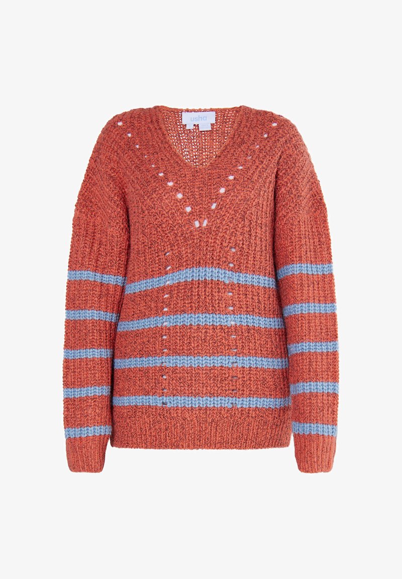Sweter dzianinowy w kolorze przypalonej pomarańczy z niebieskimi poziomymi paskami. Wycięcie w kształcie litery V, teksturowany materiał oraz szczegóły z otwartymi oczkami.