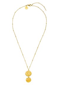 Goldene Halskette mit strukturiertem Doppelpende, ausgestattet mit einer zarten Kette mit kleinen runden Akzenten und einem Verschluss.