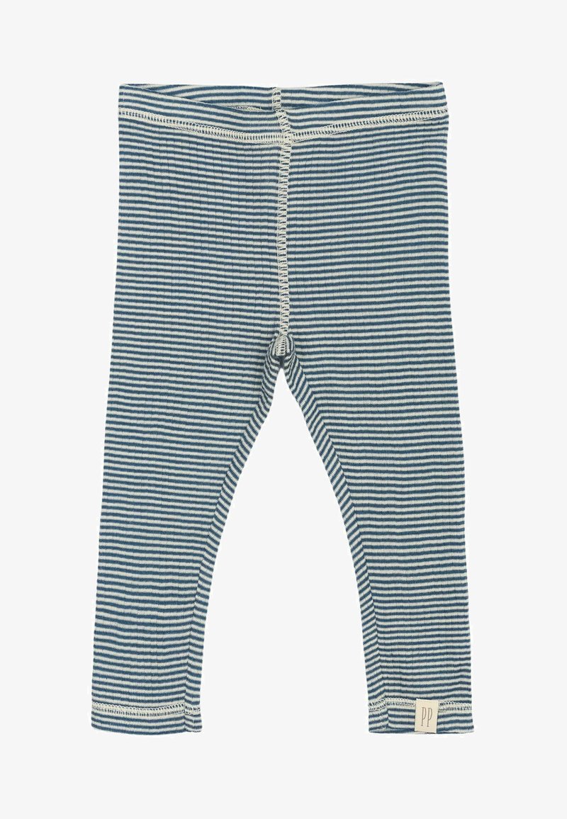 Tengeri kék és fehér csíkos pamut leggings, derékpánttal és varrott részletekkel. Az alján egy kis márkacímke található.