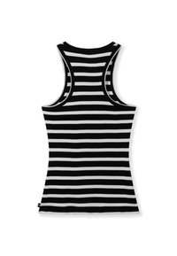 Canotta a righe in bianco e nero con un design aderente. Presenta uno stile a racerback e una trama a coste, evidenziando le righe verticali.