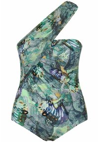 Maillot de bain à une épaule avec un motif floral dans des tons de vert, bleu et violet. Fabriqué en tissu lisse et élastique avec une silhouette ajustée.