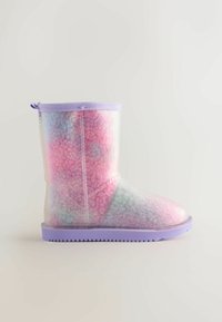 Translucent, pastel-colored boot with a fluffy texture, purple sole, and matching cord at the top. Rounded toe and sturdy construction.