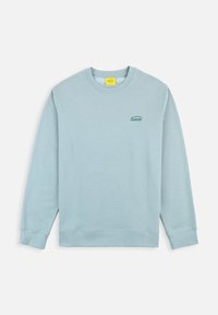 Sweatshirt bleu clair en coton doux, avec un col rond, des manches longues et un petit logo vert sur la poitrine.
