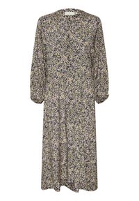 Abito a maniche lunghe con stampa floreale, lunghezza al ginocchio, scollo rotondo e vita arricciata. Il motivo multicolore presenta accenni di verde, viola e blu navy.
