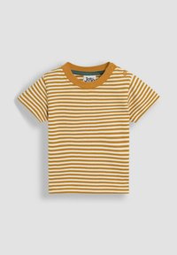Kurzärmliges T-Shirt in goldgelben und cremigen Streifen. Mit einem runden Halsausschnitt, der einen Akzentknopf hat, und aus weichem Baumwollmaterial.