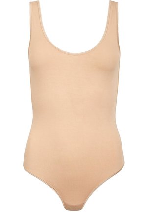Body nu avec un décolleté rond, fabriqué dans un tissu lisse, présentant une silhouette ajustée et des ouvertures de jambe échancrées.