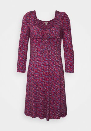 Blumenkleid mit quadratischem Ausschnitt, langen Puffärmeln und gerafften Details. Der Stoff ist leicht und hat ein pink-blaues Blumenmuster.