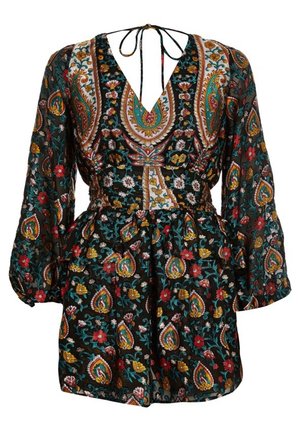 Sort heldragt med lange ærmer med farverige blomster- og paisleymønstre, V-hals med bindelukning og indsnøret talje.
