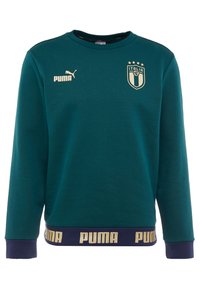Zelená bavlněná mikina s dlouhými rukávy, kulatým výstřihem a námořnickými manžetami. Zlatožluté logo PUMA a erb Itálie na přední straně, se značkováním na lemu.