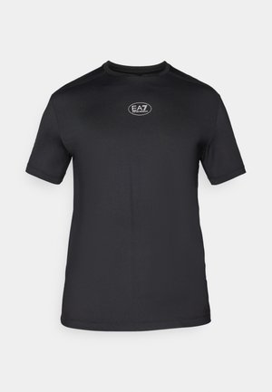 T-shirt sportivo nero a maniche corte con coltondo, realizzato in un tessuto leggero e liscio, con un piccolo logo sul petto.