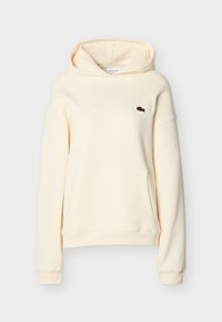 Φούτερ με κουκούλα εκρού χρώματος, με τσέπη καγκουρό και μικρό σκούρο λογότυπο στο αριστερό στήθος, μακριά μανίκια και ριμπ μανσέτες.